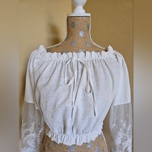 White Crop Top Gathered Off Shoulder Long Sleeve Lace Dirndl Milkmaid Style